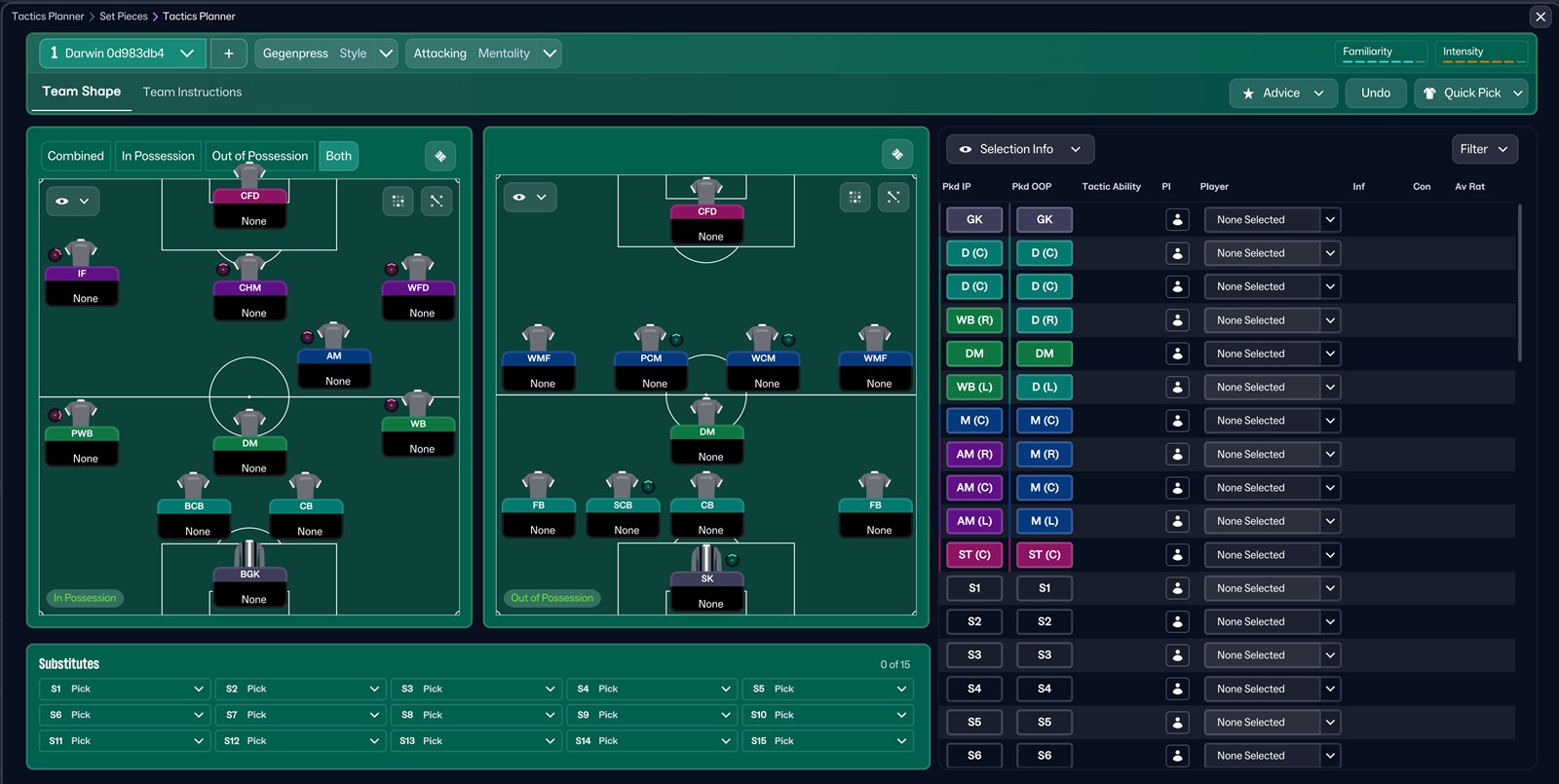 Formação da tática Darwin no FM26, com e sem bola
