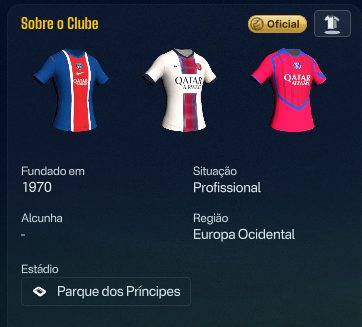 Camisolas em 3D no cartão Sobre o Clube do FM26, com o selo Oficial