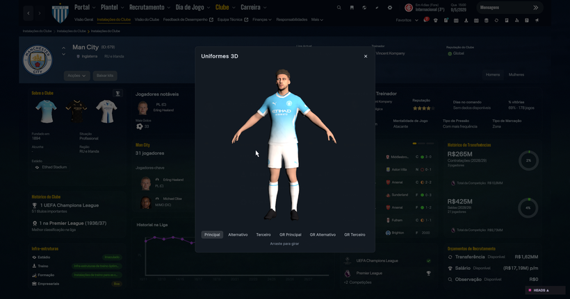 Vista do jogador em 3D com o equipamento do Manchester City no FM26