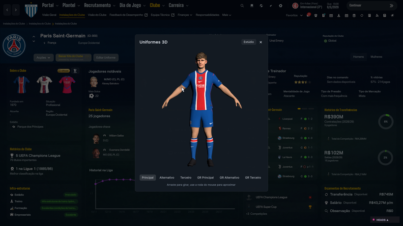 Jogador completo em 3D com o equipamento do PSG no FM26