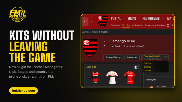 Plugin do FM Kits Hub para descarregar equipamentos dentro do FM26