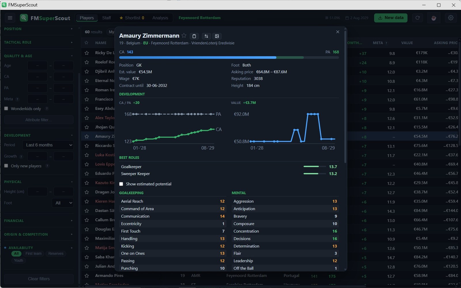 Perfil de jogador no FM Super Scout, com a evolução da capacidade e do valor ao longo da save