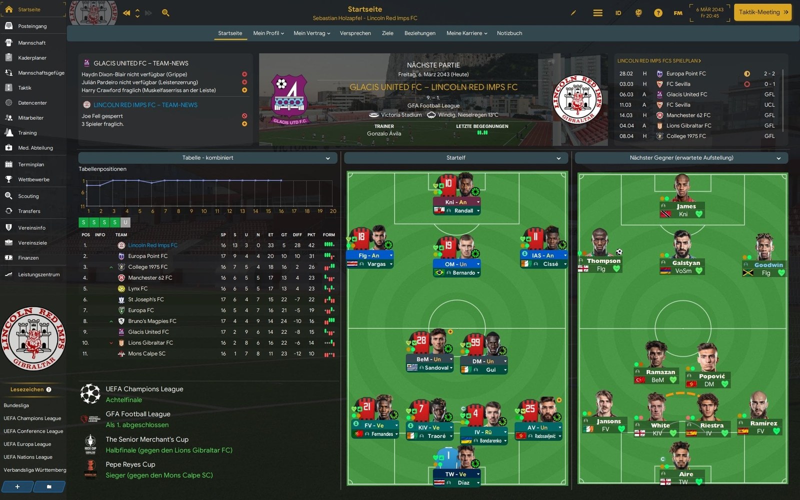 FM24 Frankenstein: ecrã inicial com o calendário, a tabela classificativa e os onzes