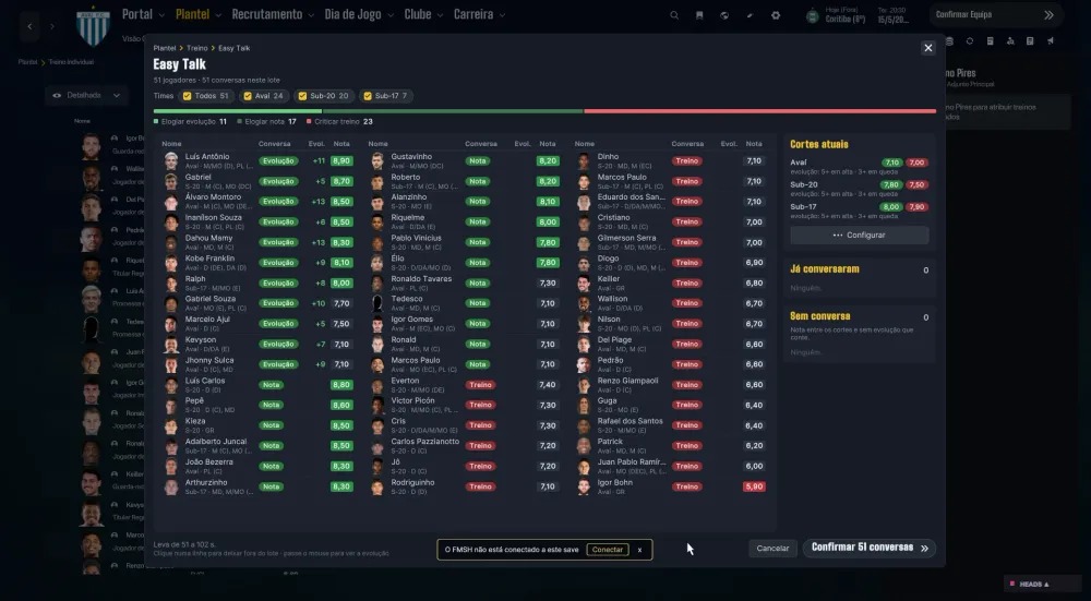 Easy Training Talks no FM26: pré-visualização com as conversas de 51 jogadores, entre elogios e críticas