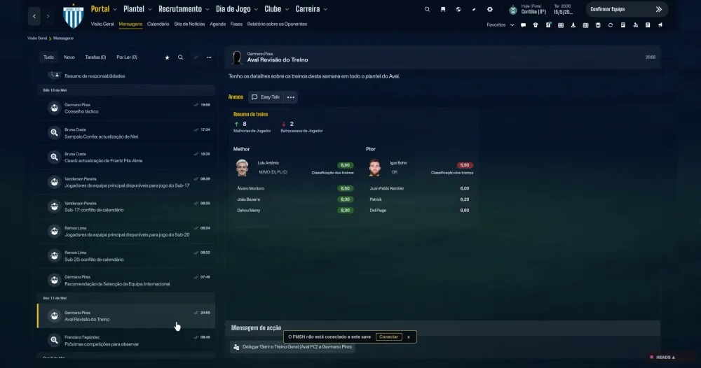 Botão Easy Talk na mensagem de revisão do treino do FM26, com os melhores e piores do plantel