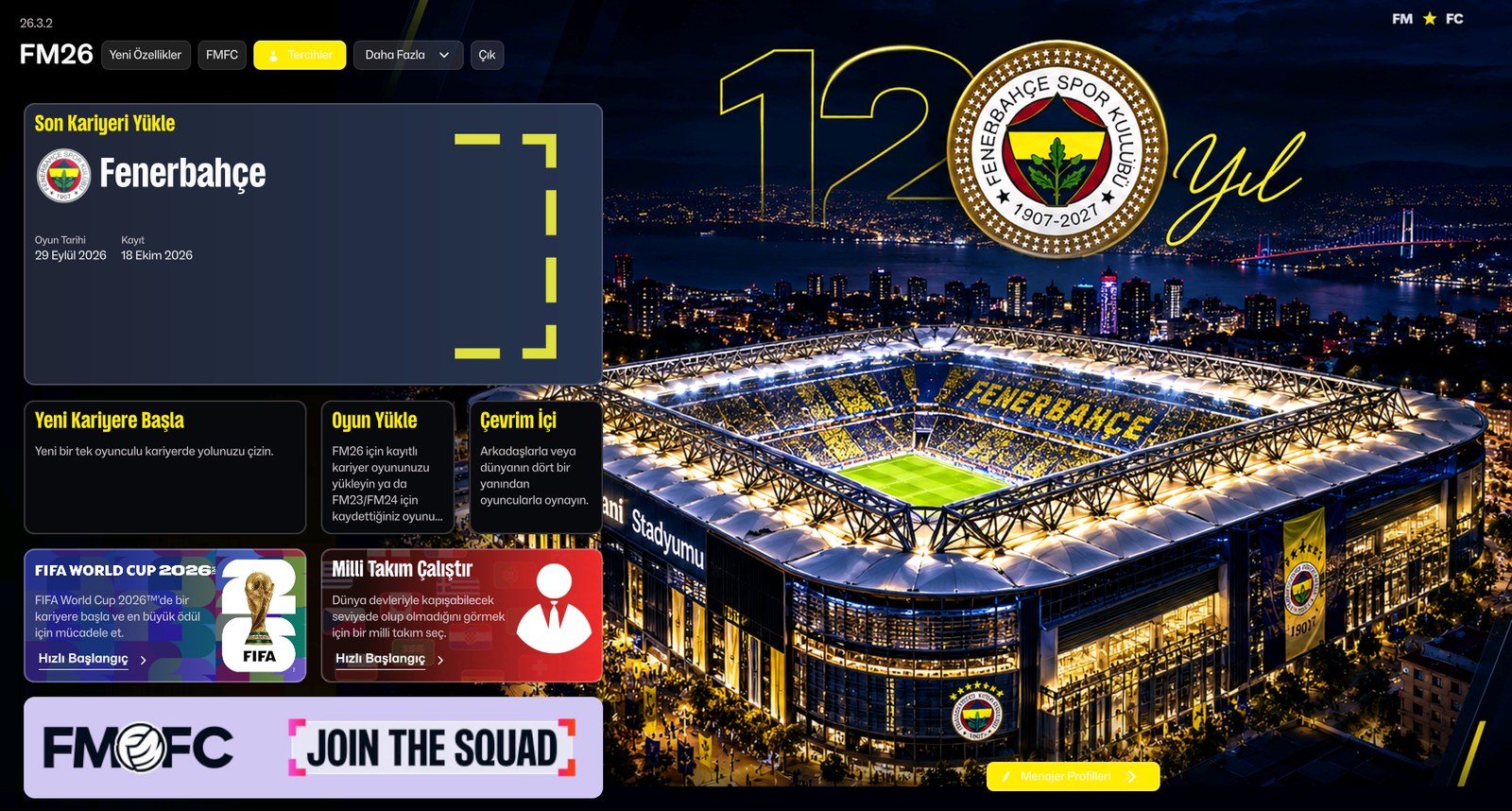 Skin Fenerbahçe FM26: menu principal com o estádio do clube e o símbolo dos 120 anos