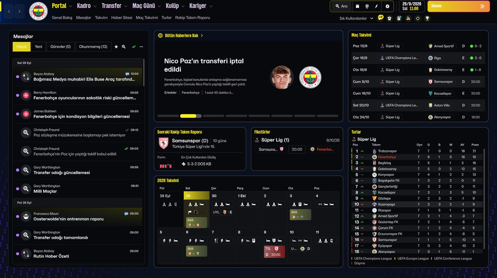 Portal do FM26 com a skin do Fenerbahçe, mensagens e calendário