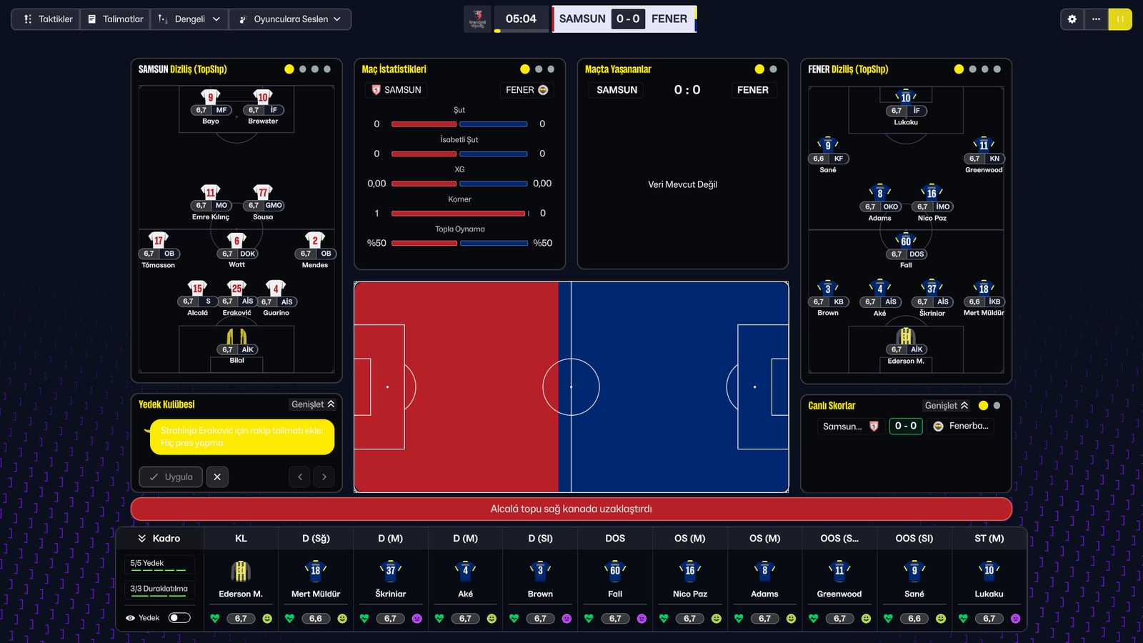 Skin Fenerbahçe FM26 no ecrã de jogo, com estatísticas e as duas equipas