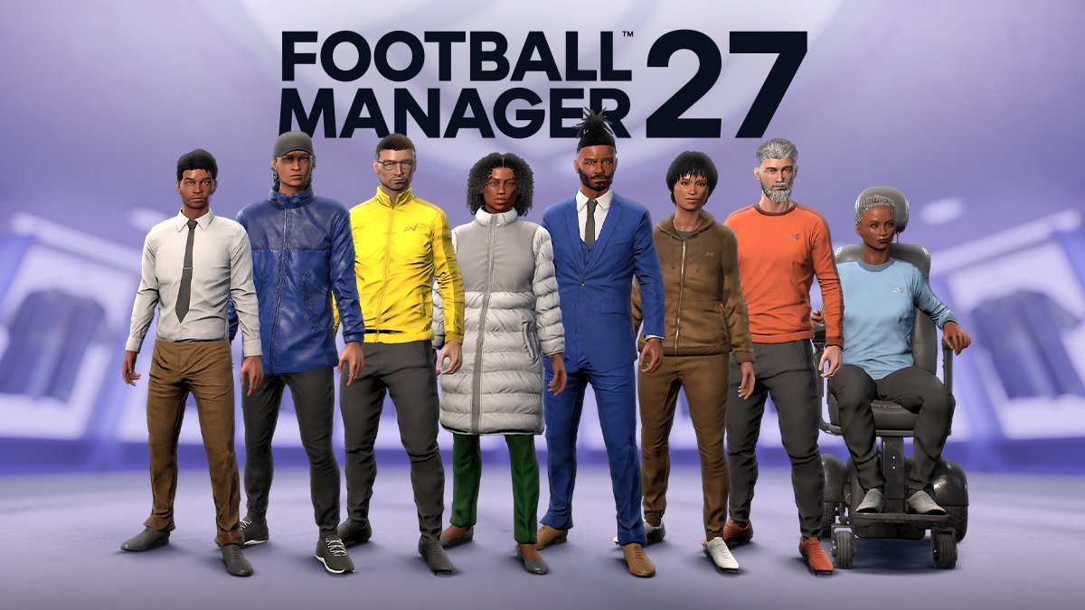 Oito treinadores criados no FM27, com roupas e aspetos diferentes, incluindo uma treinadora em cadeira de rodas