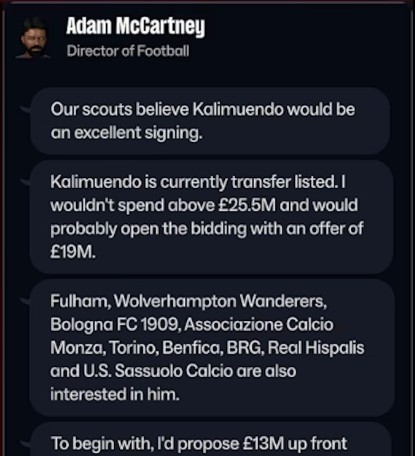 Painel do Diretor Desportivo do FM27 com conselhos sobre a transferência de Kalimuendo