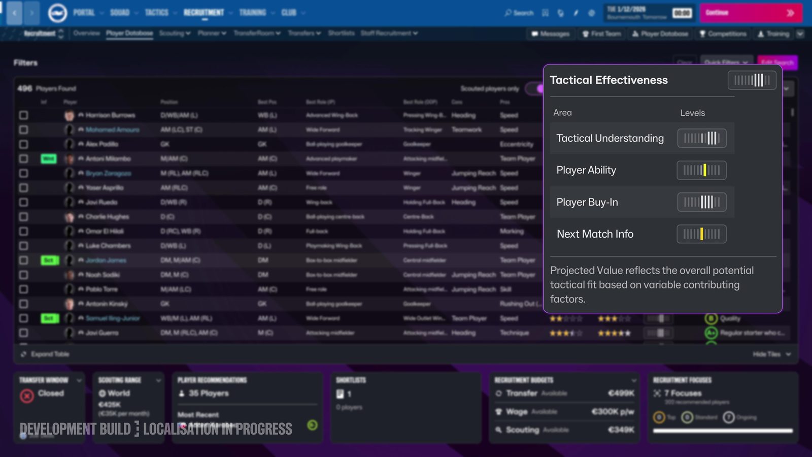 Base de dados de jogadores no FM27 com o medidor de Eficácia Tática de um possível reforço