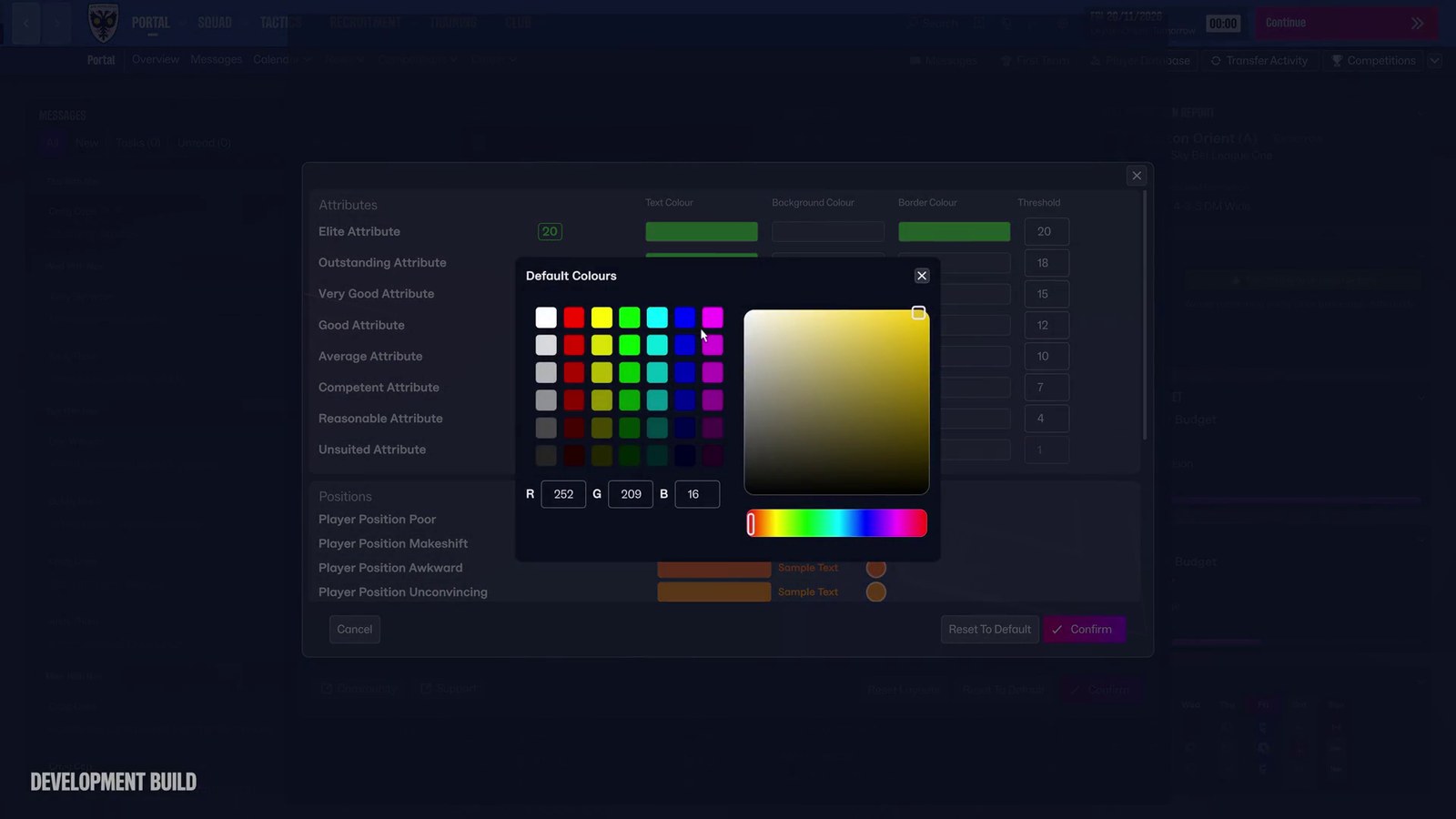 Personalização das cores dos atributos, com texto, fundo, moldura e limites de cada escalão