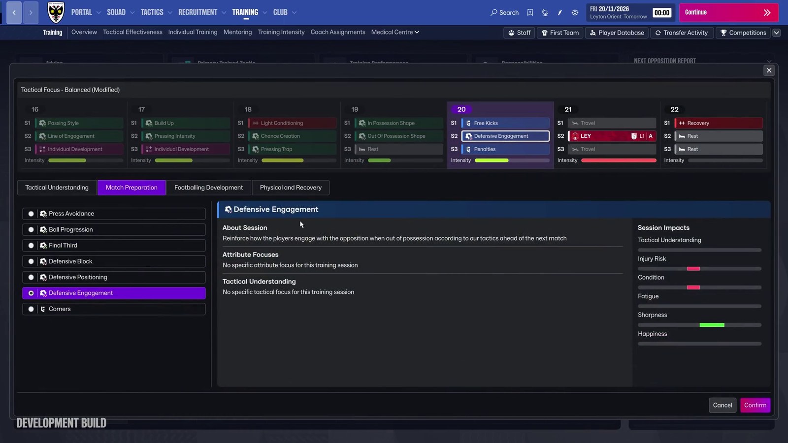 Plano de treino semanal com sessões de preparação para o jogo e o impacto de cada sessão