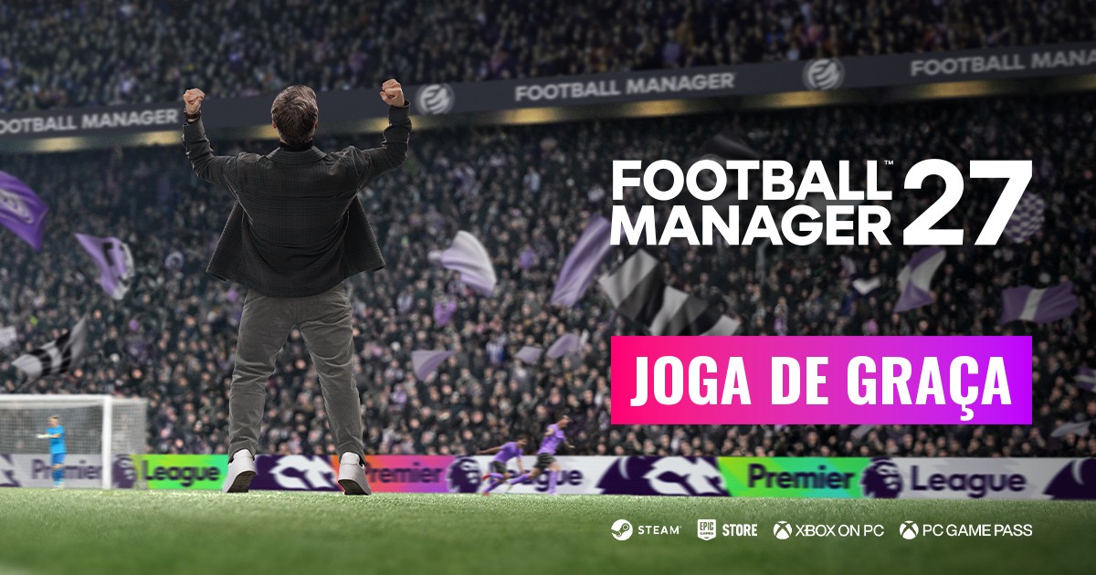 Imagem oficial do FM27 grátis: um treinador de braços no ar num estádio cheio
