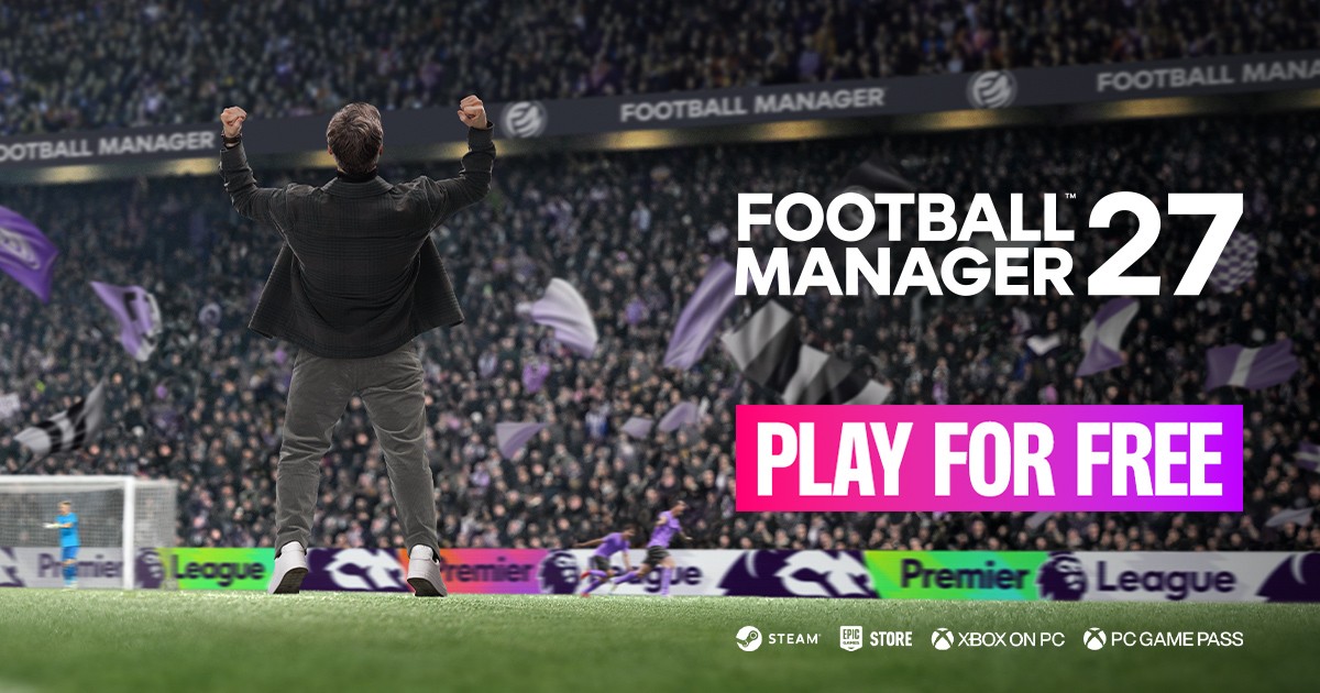 Official FM27 free play image: a manager with arms raised in a packed stadium