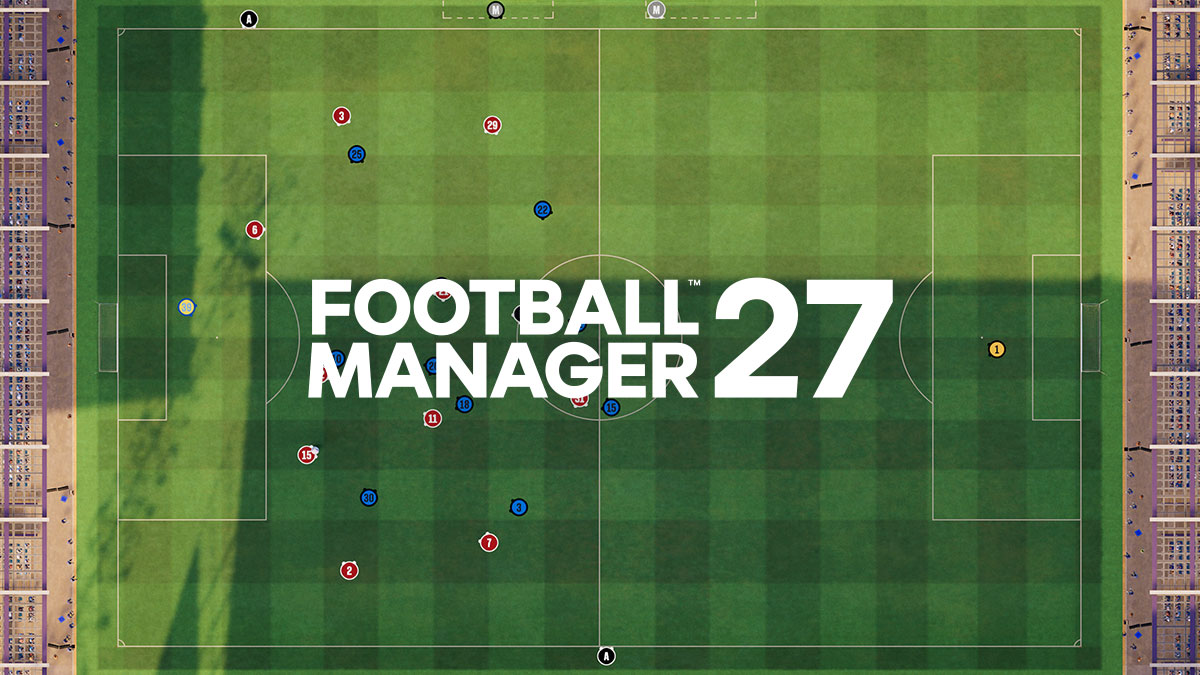 Campo do FM27 visto de cima, com o logótipo do jogo ao centro