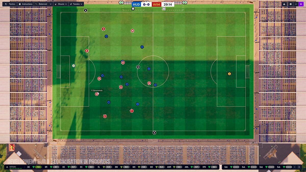 Vista 2D do FM27 com discos de jogadores mais pequenos, pés em vez de setas e redes transparentes