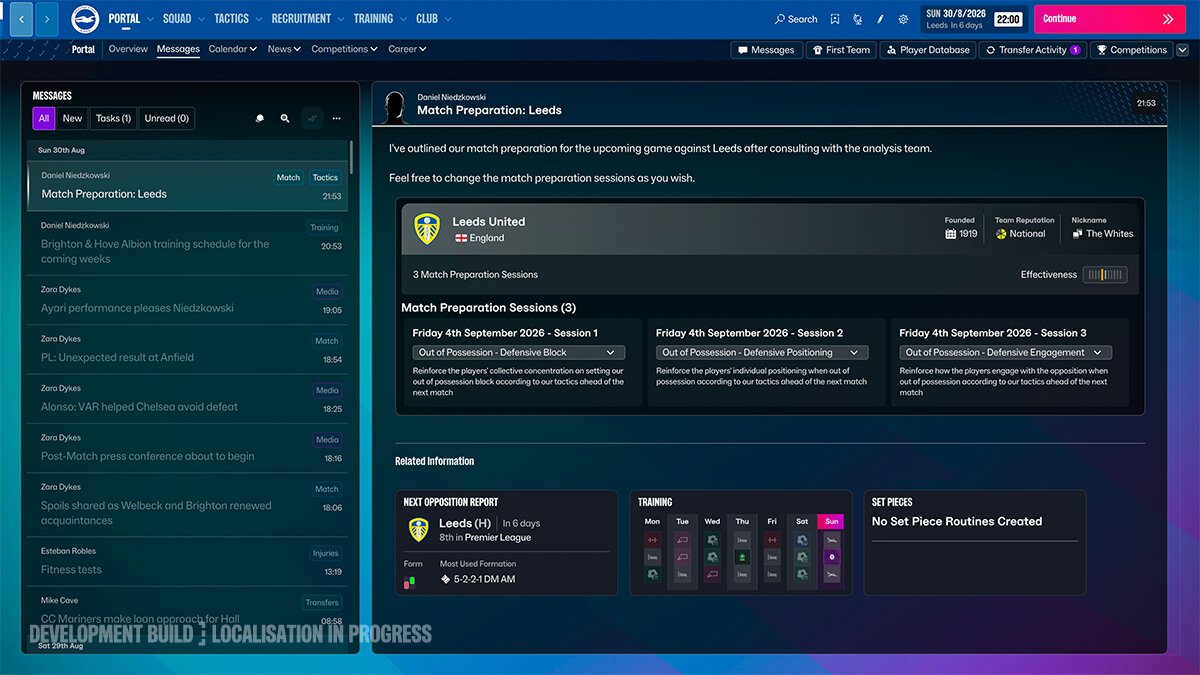Mensagem de preparação para o jogo no FM27 com tipos de preparação por sessão