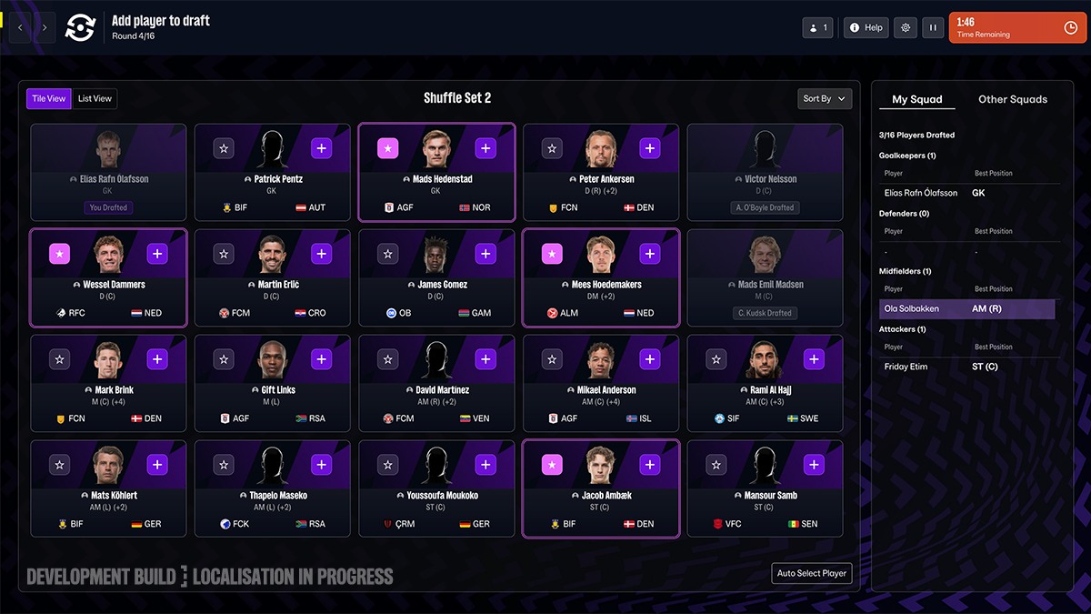 Ecrã do draft no FM27 com um grupo de 20 jogadores e o plantel à direita