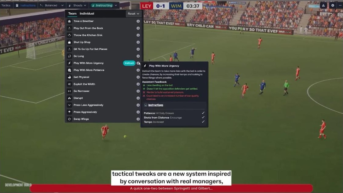 Lista de Ajustes Táticos no FM27, com a dica do Play With More Urgency e as instruções que ele muda