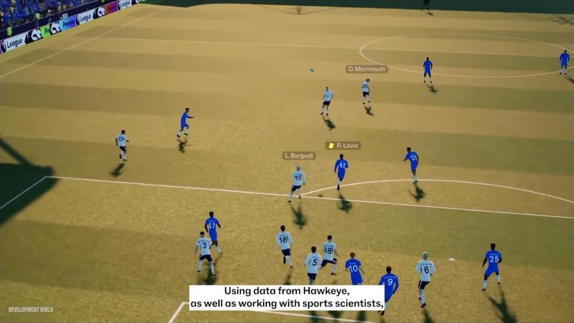 Jogadores em campo no FM27, num plano sobre o novo sistema de corrida desenvolvido com dados da Hawk-Eye