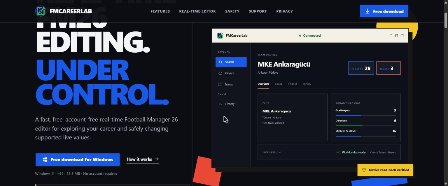 FMCareerLab: editor em tempo real do FM26 com o perfil de um clube e o resumo do plantel