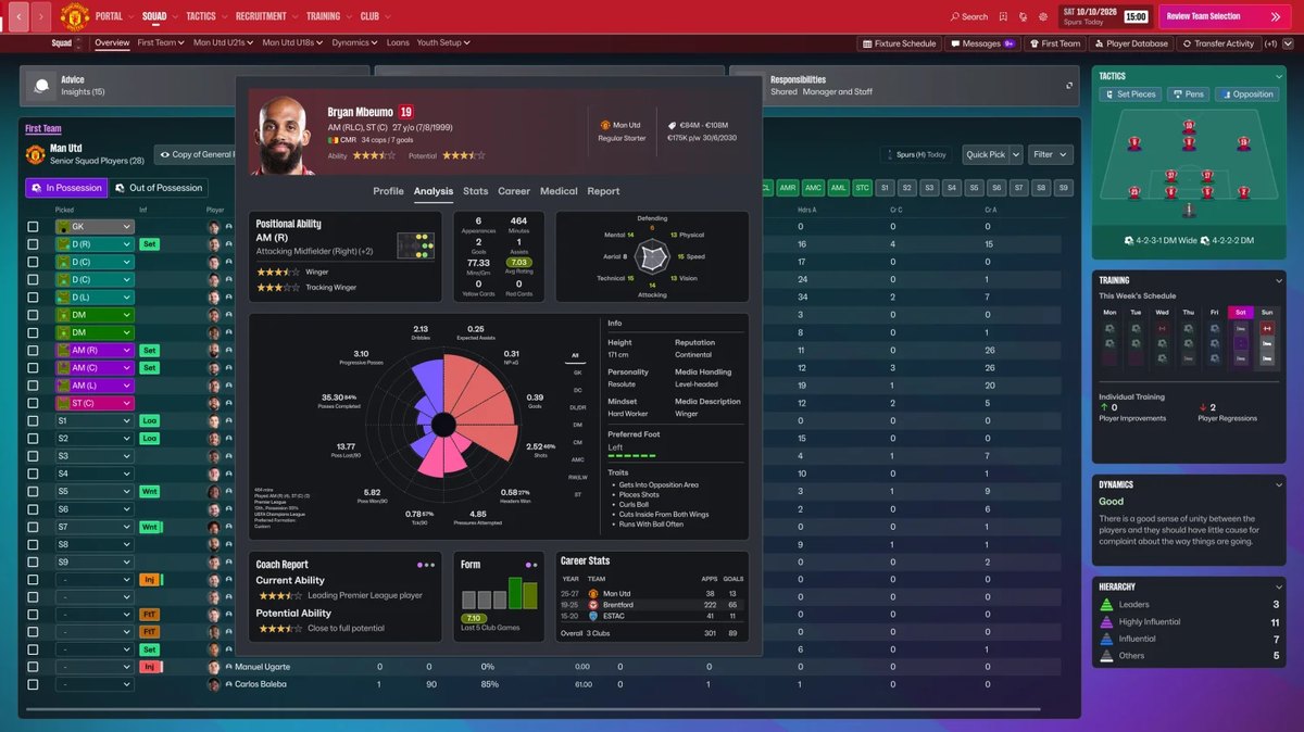 Janela rápida de um jogador no FM27 com o gráfico pizza do Hardcore Light
