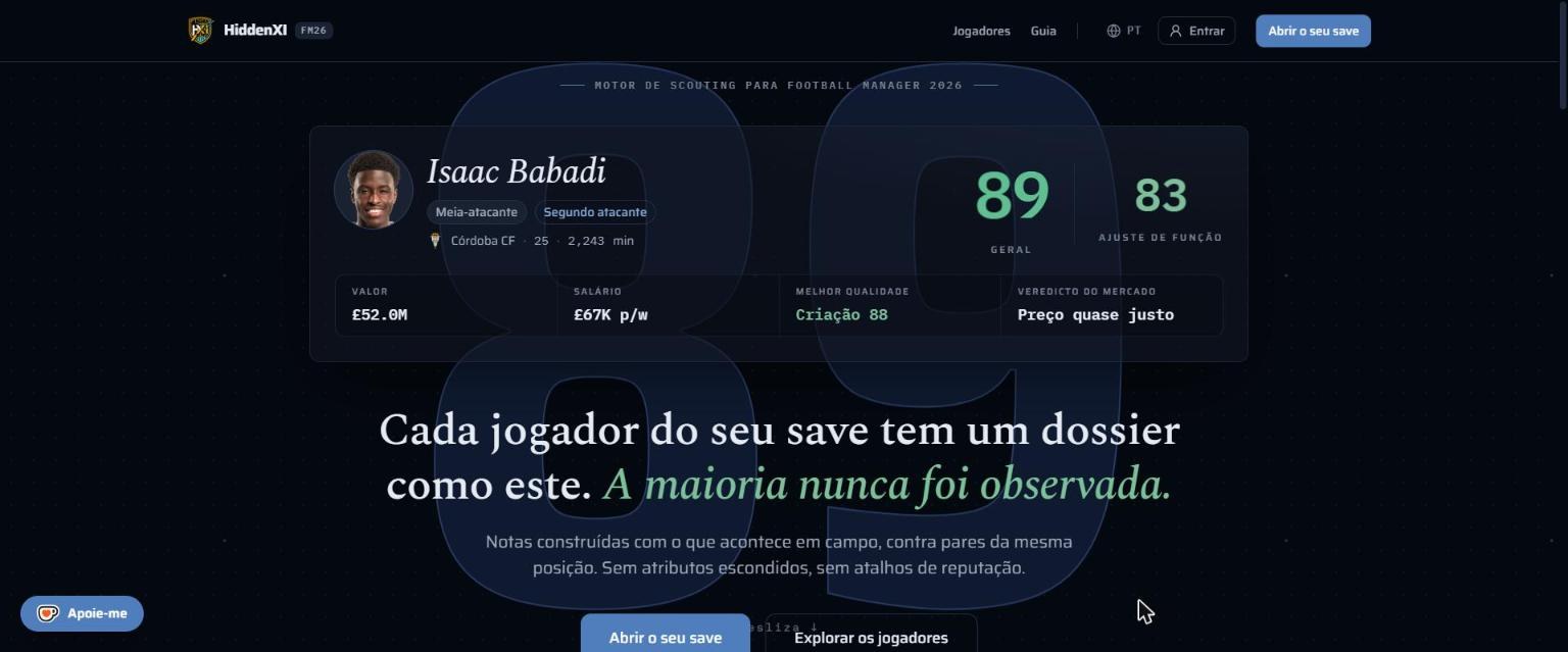 HiddenXI: dossier de um jogador do FM26 com nota geral, ajuste de função, valor e veredicto do mercado