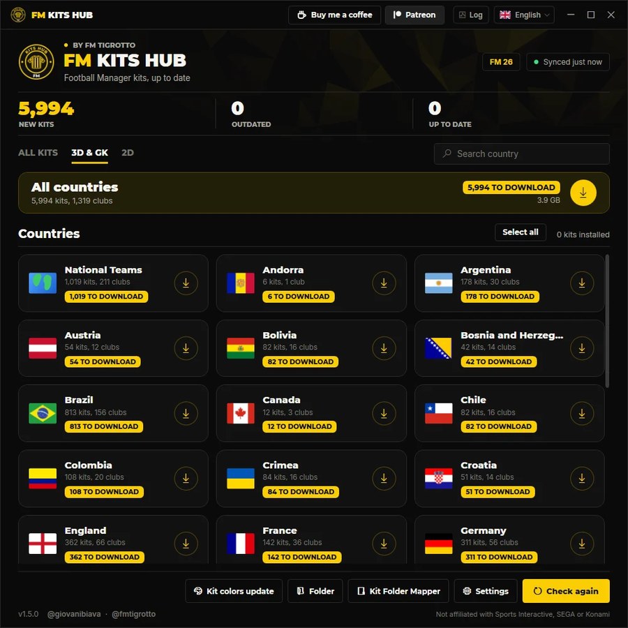 App Kits Hub do FM Tigrotto com os kits do FM27 por país