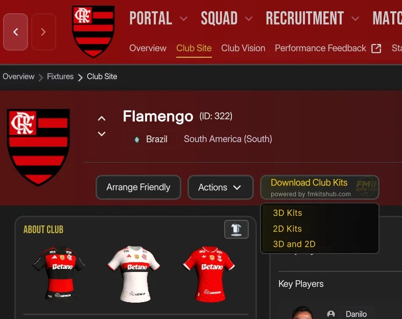 Botão para descarregar os kits do Flamengo dentro do FM27