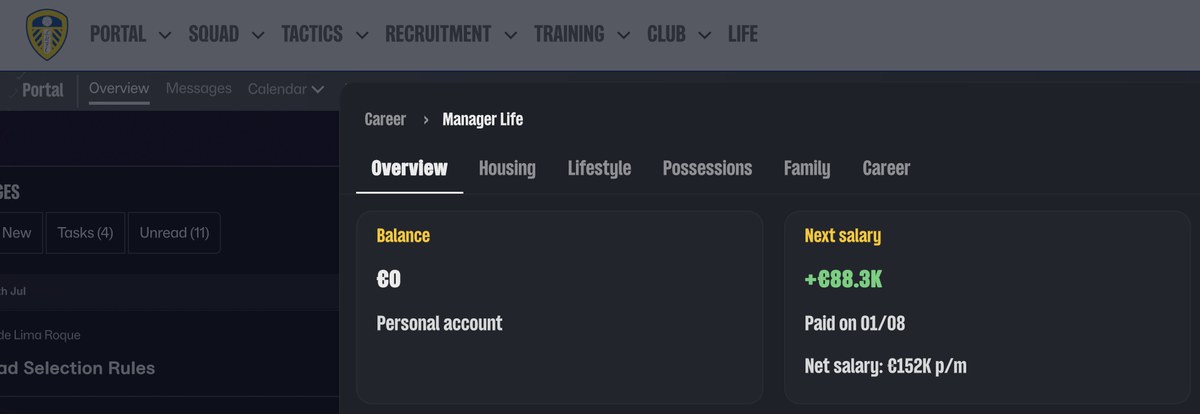 ManagerLife no FM27: separador Life com o saldo da conta pessoal e o próximo salário