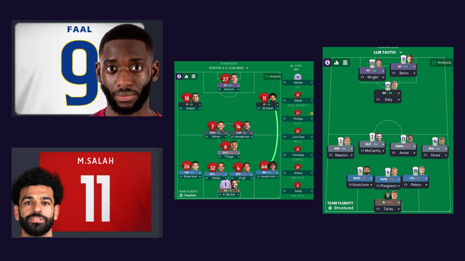 Números das camisolas no FM: perfis de jogadores com a fonte da EFL e da Premier League e ecrãs de táticas com os números novos