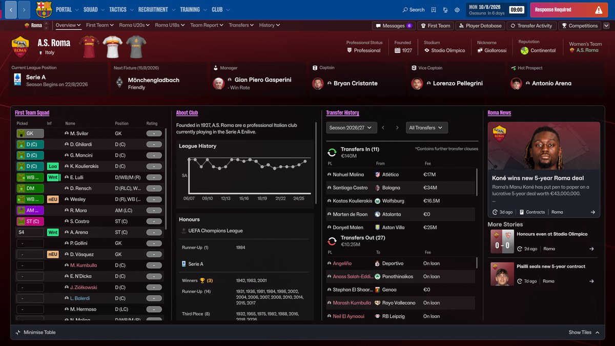 Página da Roma no FM27 com o Stadio Olimpico e a Serie A