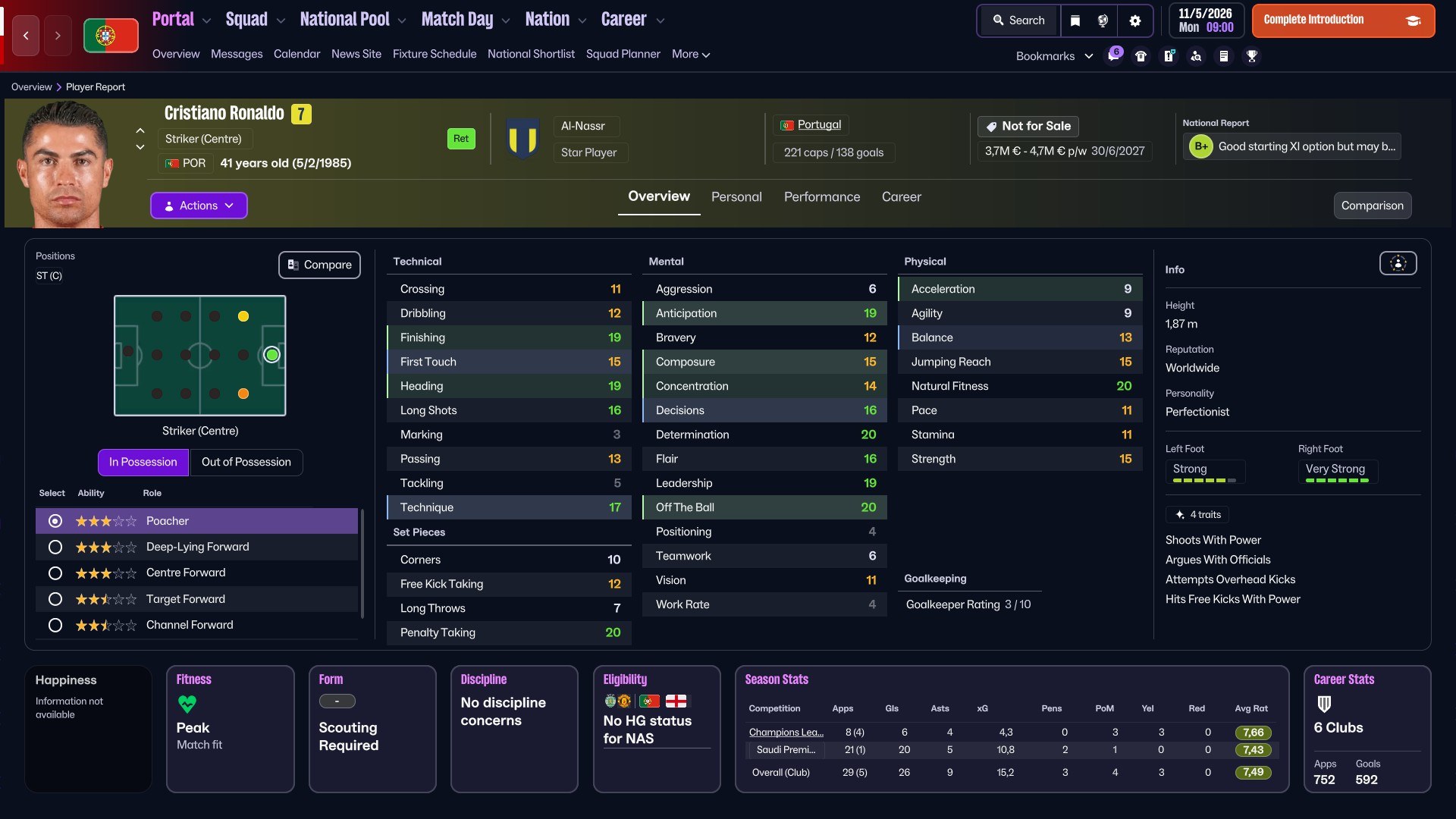 Cristiano Ronaldo profile in FM26, at Al Nassr with 221 caps for Portugal