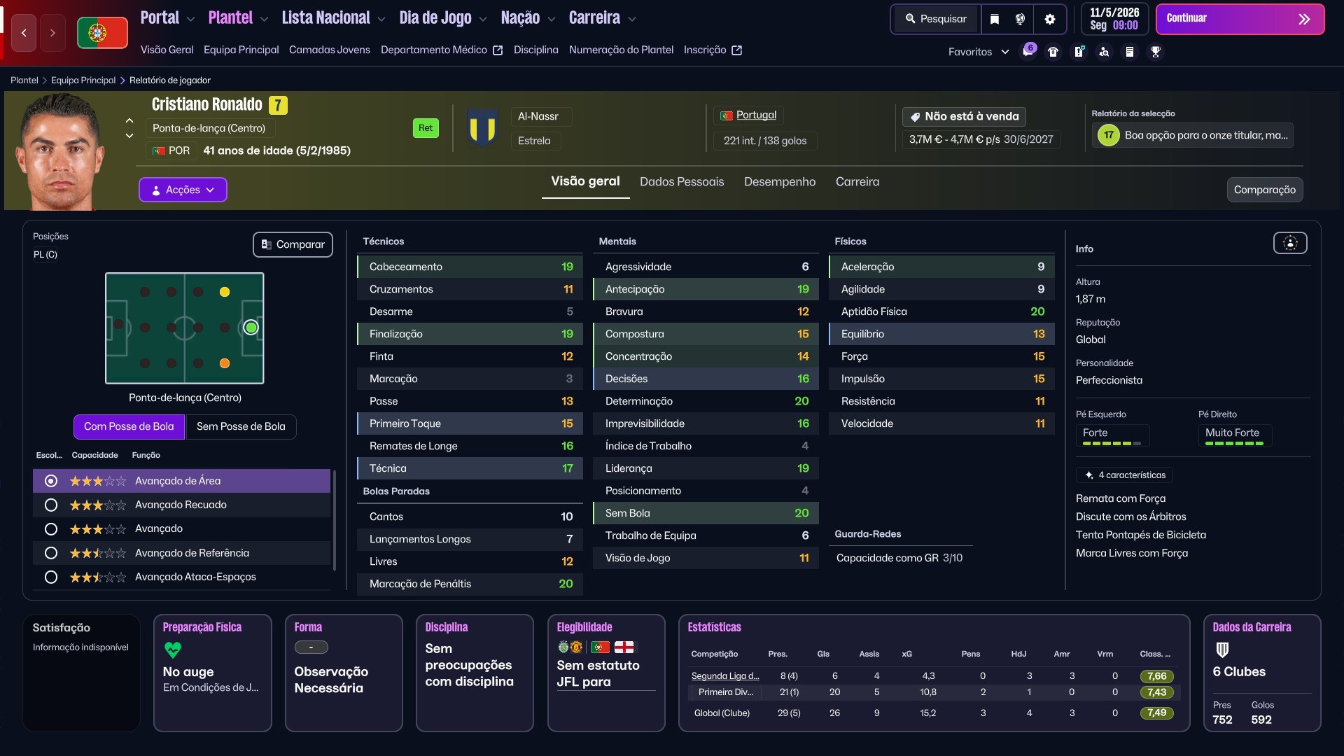 Perfil do Cristiano Ronaldo no FM26, no Al Nassr e com 221 internacionalizações por Portugal