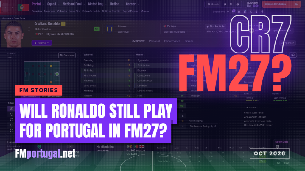 Cristiano Ronaldo profile in FM26 with the title Will Ronaldo still play for Portugal in FM27?