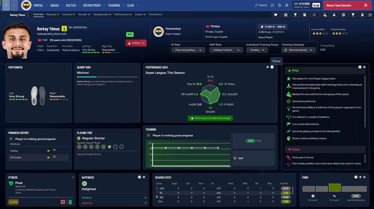 Segunda página do perfil do jogador com risco de lesão, radar de rendimento e treino