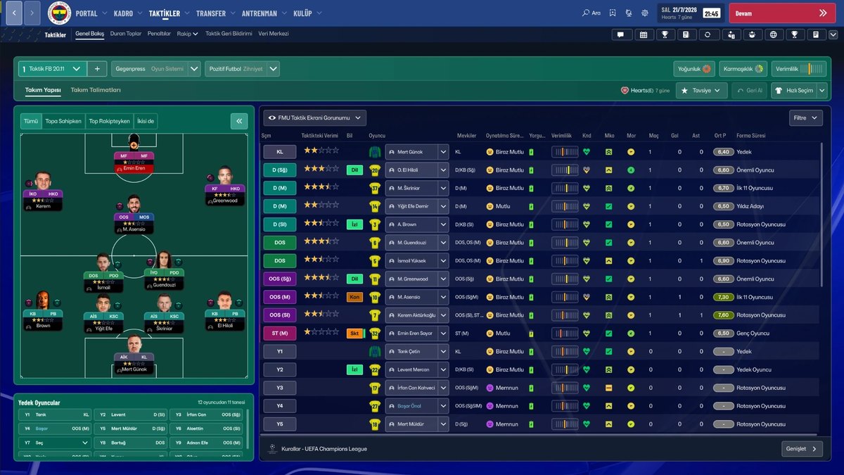Ecrã de tática do FM27 com a FMU Skin e fotos dos jogadores