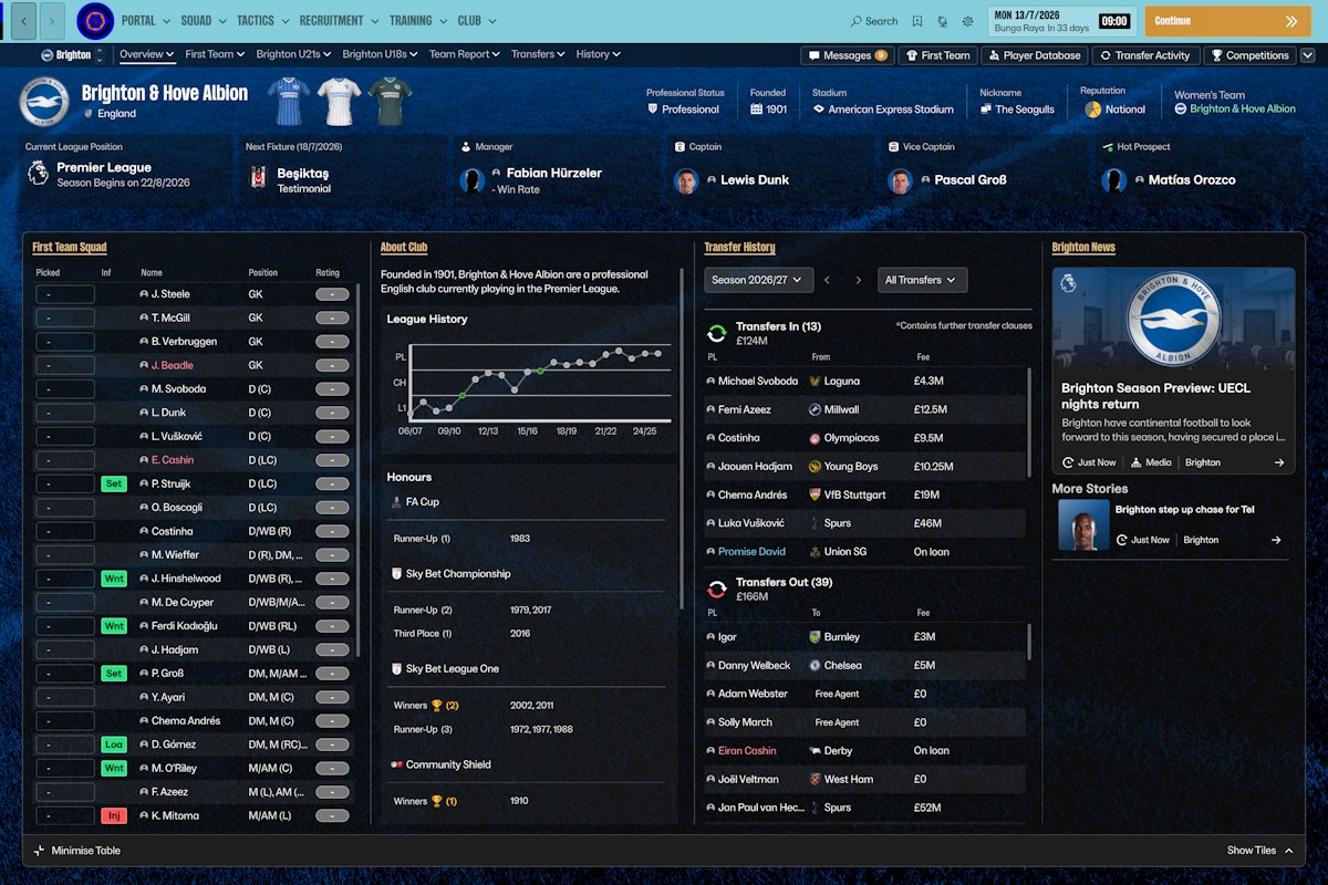 FM27 Retro Skin on the Brighton screen, with a blue background