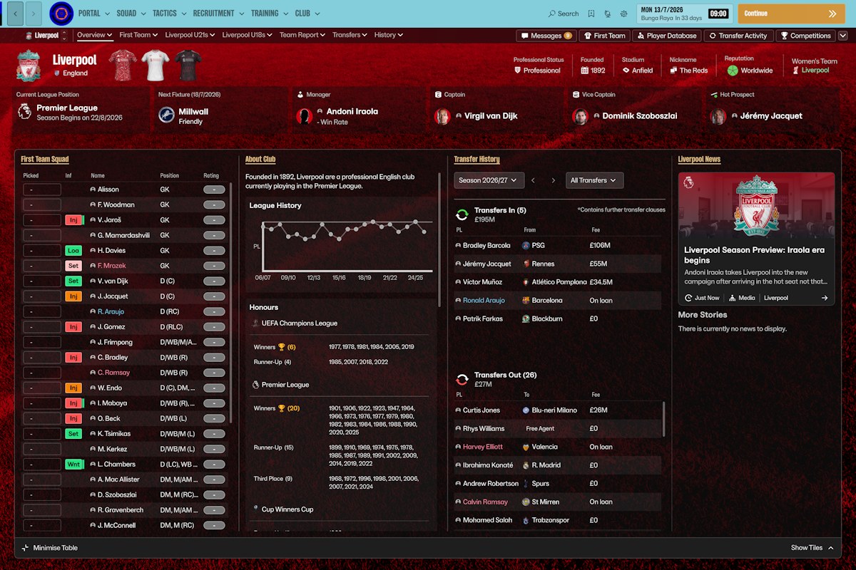 FM27 Retro Skin on the Liverpool screen, with a red background