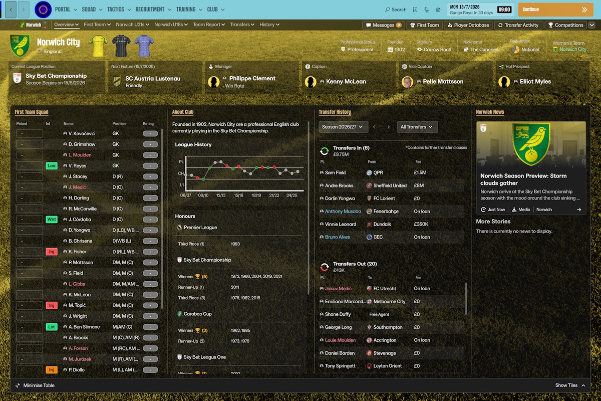FM27 Retro Skin on the Norwich screen, with a yellow background