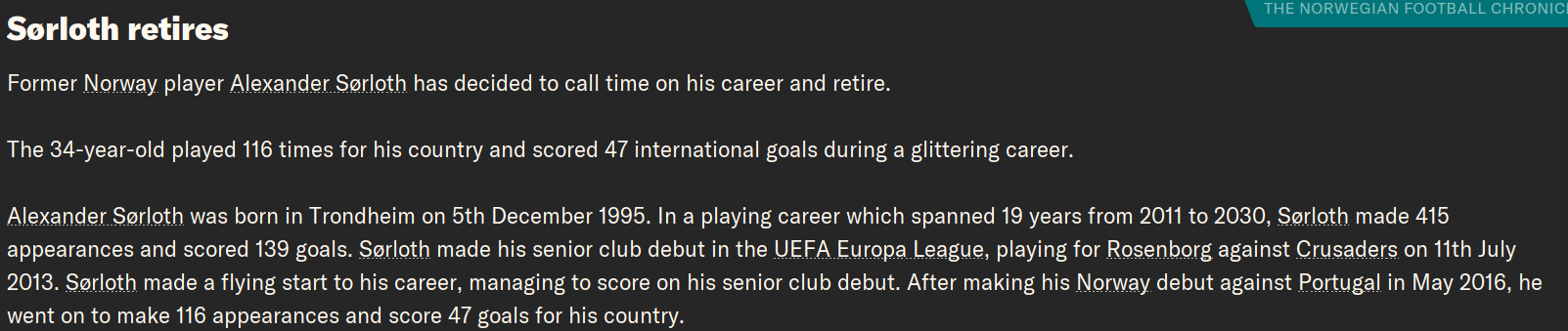 Notícia do jogo com a reforma do Sørloth aos 34 anos