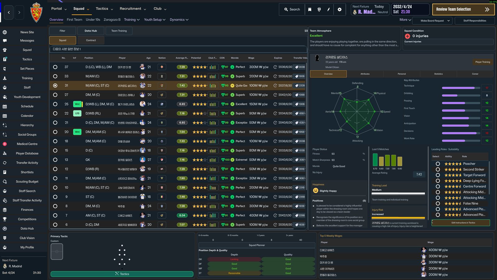 UICHANGE 2.1 no FM26: plantel com painel compacto do jogador